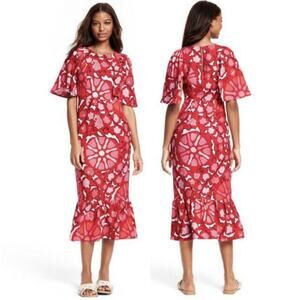 NWOT RHODE TARGET Dress 10 Linen Floral Puff-Bell-1/2-Sleeve Ruffle“Zinnia”Midi